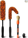 YeewayVeh 3PCS Quick Car Wheel Brush Kit, 2-Size 360° Bendale Rim Cleaner Brushes, Boars Hair Detailing Brush, Fast Scratch-Free Cleaning for Car Wheels, Motorcycle, Orange