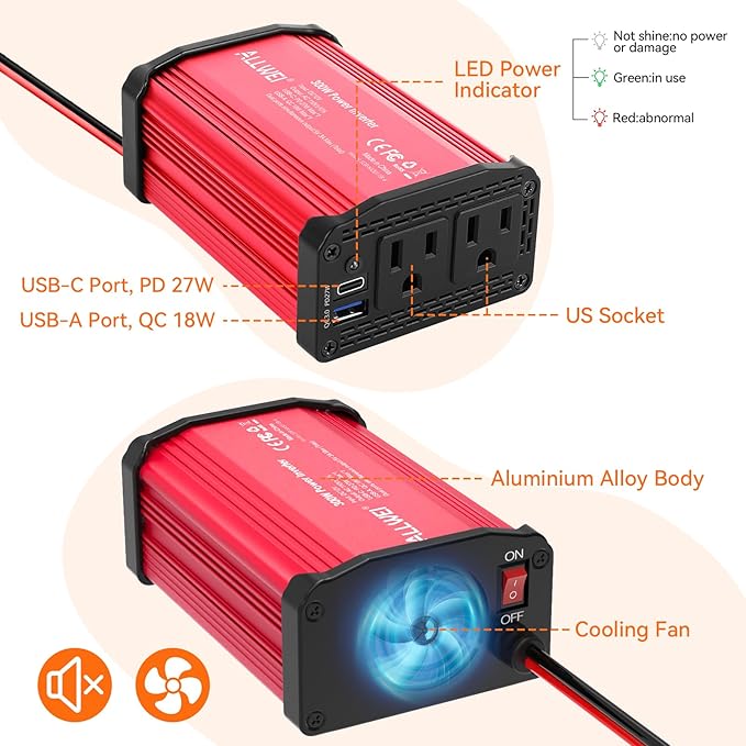 ALLWEI 300W Power Inverter DC 12V to 110V AC, Compact Car Plug Adapter Outlet with 27W PD USB-C &18W USB-A Fast Charging, Cigarette Lighter Adapter Car Charger for Phone, Laptop on Road Trip - Red
