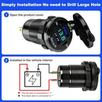 DC 12V Die Cut Mount USB Charger Aluminum Charger 4 USB Ports Dual PD and Dual QC Ports with Voltage Display Meter for Car, RV, Boat, Motorcycle and Panel Mount