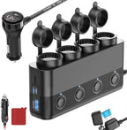 Cigarette Lighter Splitter Car Charger, 300W 4 Socket Car Plug in Outlet 12V Adapter with Dual PD 36W and QC3.0 USB C Multi Port & Independent Switch & Dust Cover & Voltmeter for All Car Devices