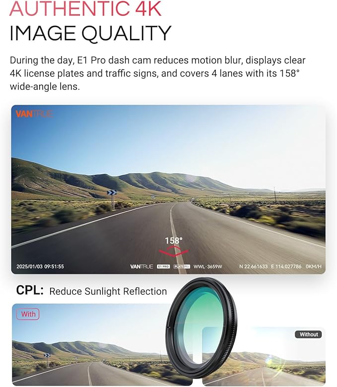 Vantrue E1 Pro 4K Mini Dash Cam Front, STARVIS 2 PlatePix HDR Night Vision Car Camera, Built-in 5G WiFi GPS, 1.54'' IPS Screen, Voice Control, Parking Mode, Support 1TB Max (Renewed)