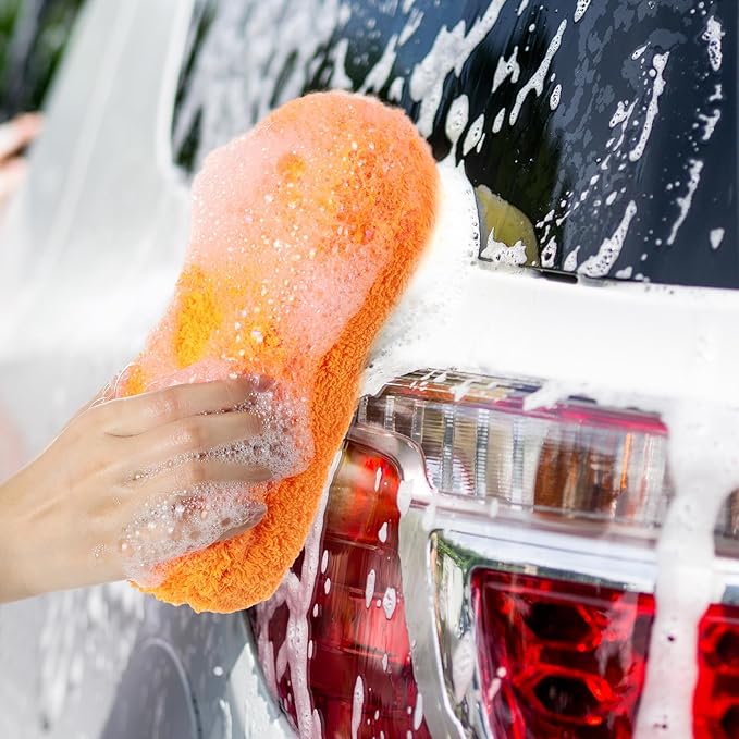 Tanlade 2 Pcs Large Microfiber Car Wash Sponge for Cleaning, Non Scratch Microfiber Sponges for Car Washing Supplies, Trucks and Motorcycles (Blue,Orange)