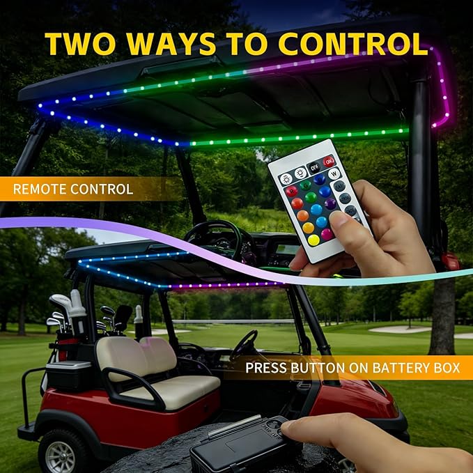 Battery Powered Golf Cart Canopy Lights, 2 Pack 6FT IP68 Fully Waterproof Golf Cart Roof Light Strip with Remote, Golf Carts Underglow RGB Led Strip Lights for EZGO Yamaha Marine Boat Kayak SUP UTV