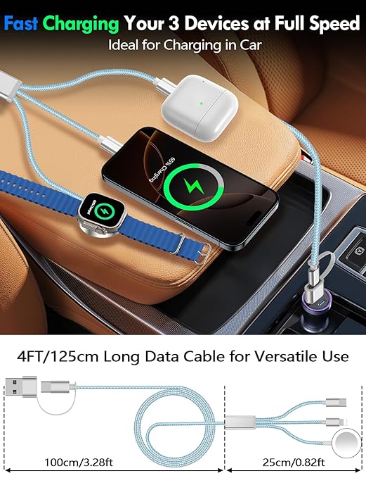 1Pack Multi Charging Cable Cord for Travel Essentials,Apple Watch Charger,iPhone Charger,[3-in-2] Type C/L Cable Portable Designed for iWatch,iPhone 17-8,Galaxy S25-21,AirPods,iPad-4FT Blue