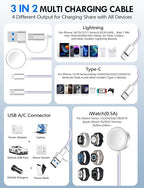 Travel Essentials for Apple Watch Charger,iPhone Charger,3 in 2 Type C/L/Magnetic Fast Charging Cable,Multi Charging Cable Portable Designed for iWatch Series,iPhone 17-11,Galaxy S26-S21,Car-4FT