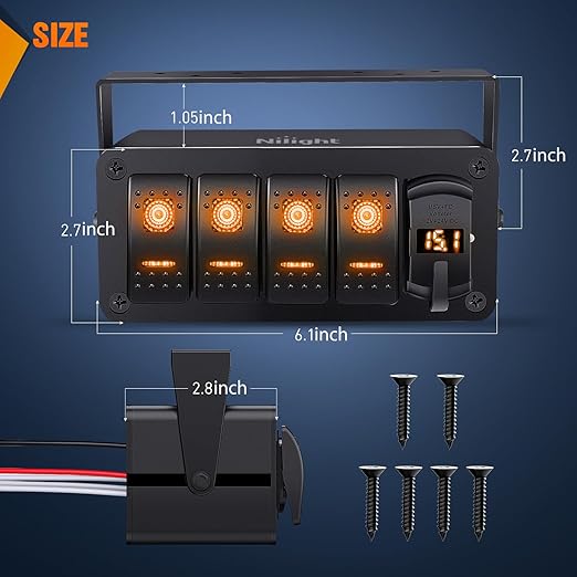 Nilight 4 Gang Rocker Switch Box 12V SPST ON Off Toggle Switches PD Type C and QC 3.0 USB Sockcet Voltmeter Orange LED Light Waterproof Aluminum Mount Bracket Panel DIY Stickers for Boat Car RV Truck