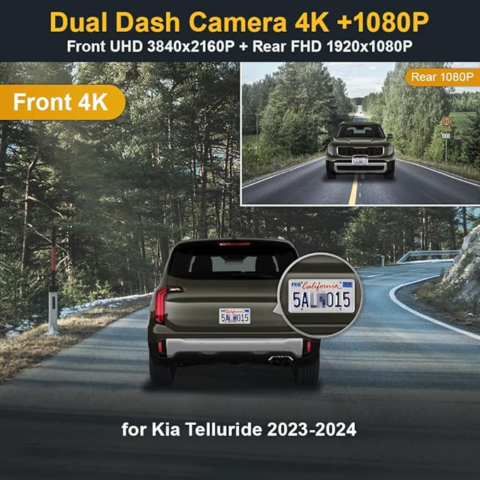Fitcamx Front 4K+Rear 1080P Dash Cam Adapts for Kia Telluride 2023-2025 (Part NO#S9310), OEM Factory Look, Built-in WiFi & APP, Dual HD Video, Loop Recording, G-Sensor, Easy to Use, 128GB Card