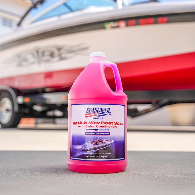 Marine Seapower Wash-N-Wax Boat Soap - Highly Concentrated Carnauba Wax - Ceramic Formulation - Delivers a Deep Clean & Glossy Protected Finish - pH Neutral Formula - Cherry Scent, 1 Gallon (128 oz)