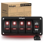 Nilight 4 Gang Rocker Switch Panel Red Backlit with 4.8 Amp Dual USB Charger Voltmeter Waterproof 12V 24V DC Night Glow Stickers for Car Trucks Boats RVs