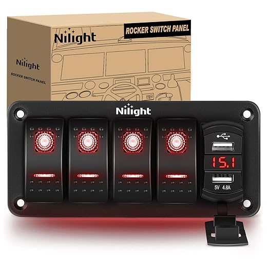 Nilight 4 Gang Rocker Switch Panel Red Backlit with 4.8 Amp Dual USB Charger Voltmeter Waterproof 12V 24V DC Night Glow Stickers for Car Trucks Boats RVs