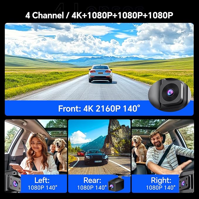 D80 4-Channel 4K Rear View Mirror Camera with ADAS and BSD,11” Touchscreen, Front and Rear and Left and Right Camera for Car，Super Night Vision, 24H Parking Monitoring Hardware kit,Free 64GB Card