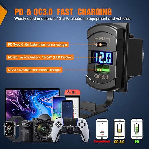 Nilight 7 Gang Rocker Switch Panel with PD Type C and USB Charger Voltmeter 12V SPST ON Off Toggle Switches with Blue Backlit Waterproof Aluminum for Boats Cars RVs Trucks