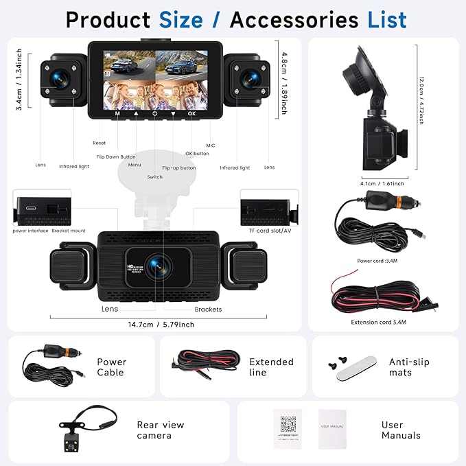 4 Channel Dash Cam 360° View Front and Inside Rear, 3 Inch 1080P Full HD Dash Camera for Car with 5G WiFi & App, Night Vision, Parking Mode, G-Sensor, Loop Recording