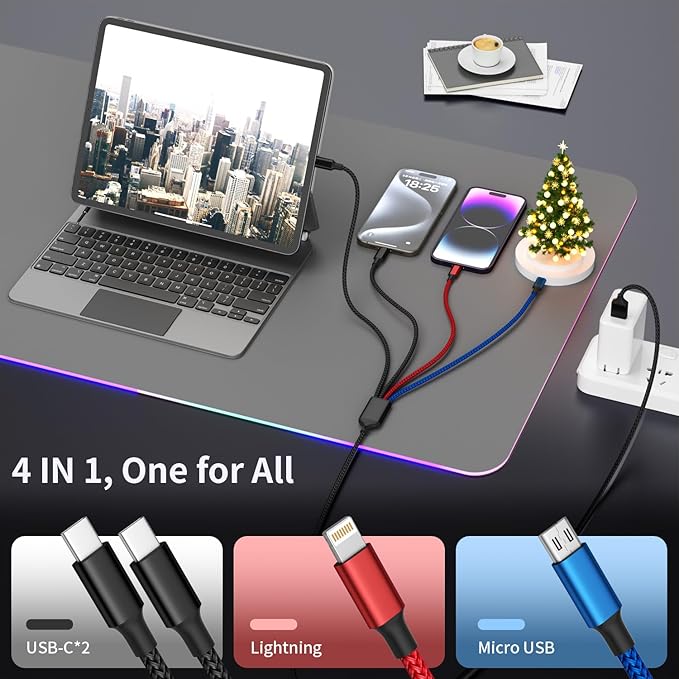 MPATIBY Dual Type-C 4 in 1 Multi Charging Cable for Multiple Devices with 2 USB-C/Lightning/Micro Port, USB Cable iPhone Charger Cord, Travel Charger for iPhone17-8, Android iPad and More- 3Packs 5FT