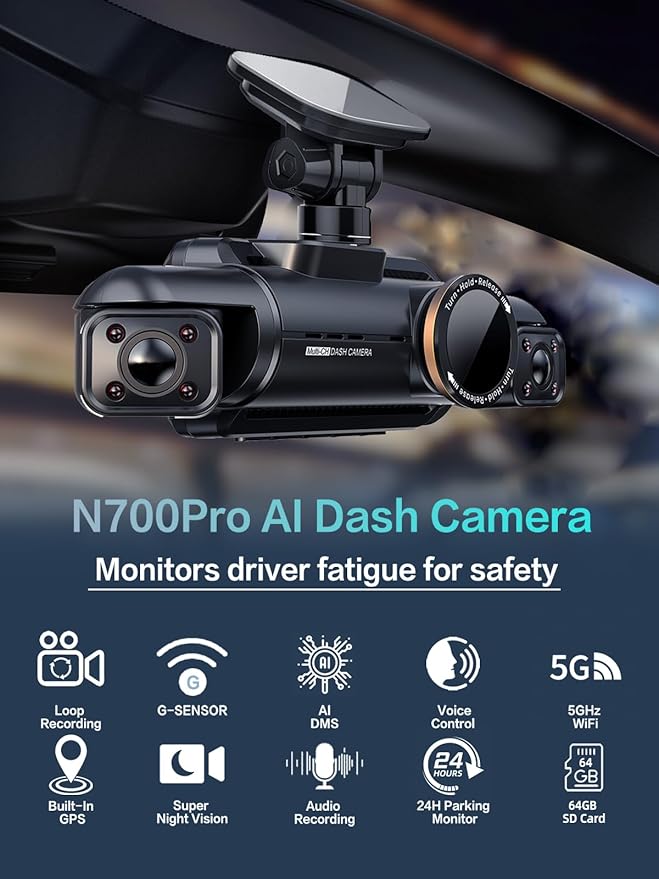 Neideso 360° View 4K 2160P Dash Cam Front and Rear, 4 Channel Dash Camera for Cars, AI Fatigue Driving Monitor, 5G WiFi GPS, 8 IR Lamps Night Vision, Free 64G Card Included, 24H Parking Mode, N700Pro