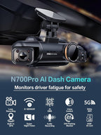 Neideso 360° View 4K 2160P Dash Cam Front and Rear, 4 Channel Dash Camera for Cars, AI Fatigue Driving Monitor, 5G WiFi GPS, 8 IR Lamps Night Vision, Free 64G Card Included, 24H Parking Mode, N700Pro