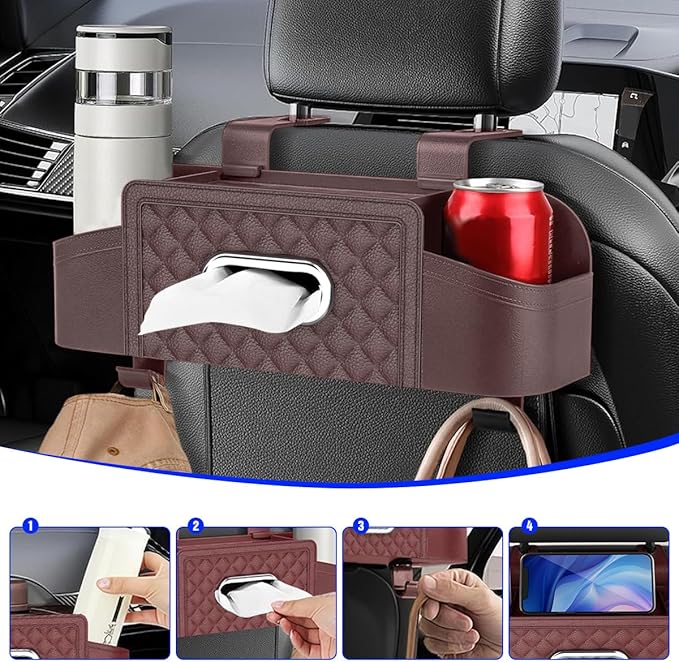 Mandark Car Headrest Backseat Organizer, Multifunctional Vehicle Seat Back Storage Box with Drink Cup Holder and Hooks, Automotive Travel Accessories, Universal for SUV, Sedan, Truck (Brown)