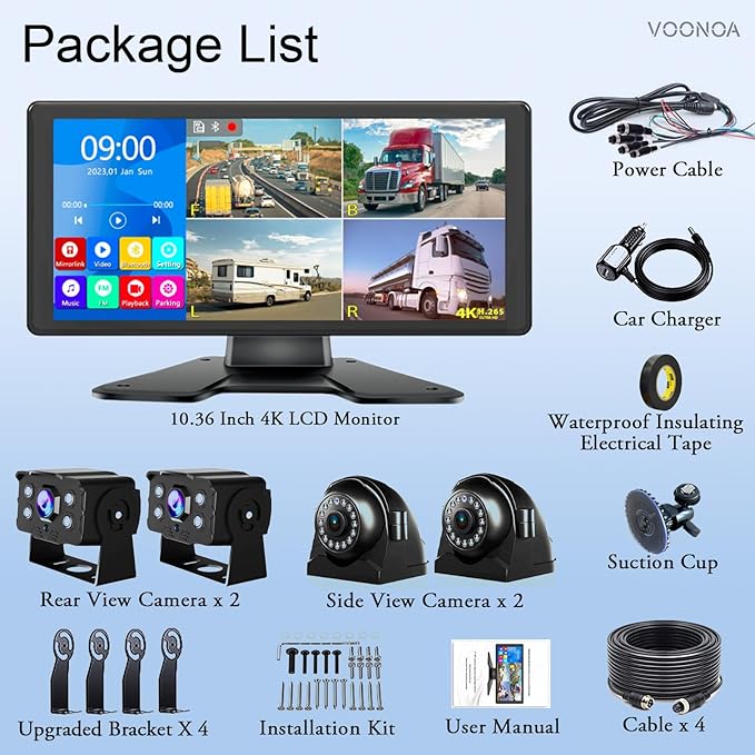 4K RV Backup Camera System 10.36" Quad Split Touch Screen Monitor with 4 1080P Rear Side View Camera, DVR Recording Bluetooth MP3 MP5 IP69 Waterproof Night Vision for RV Truck Trailer Tractor