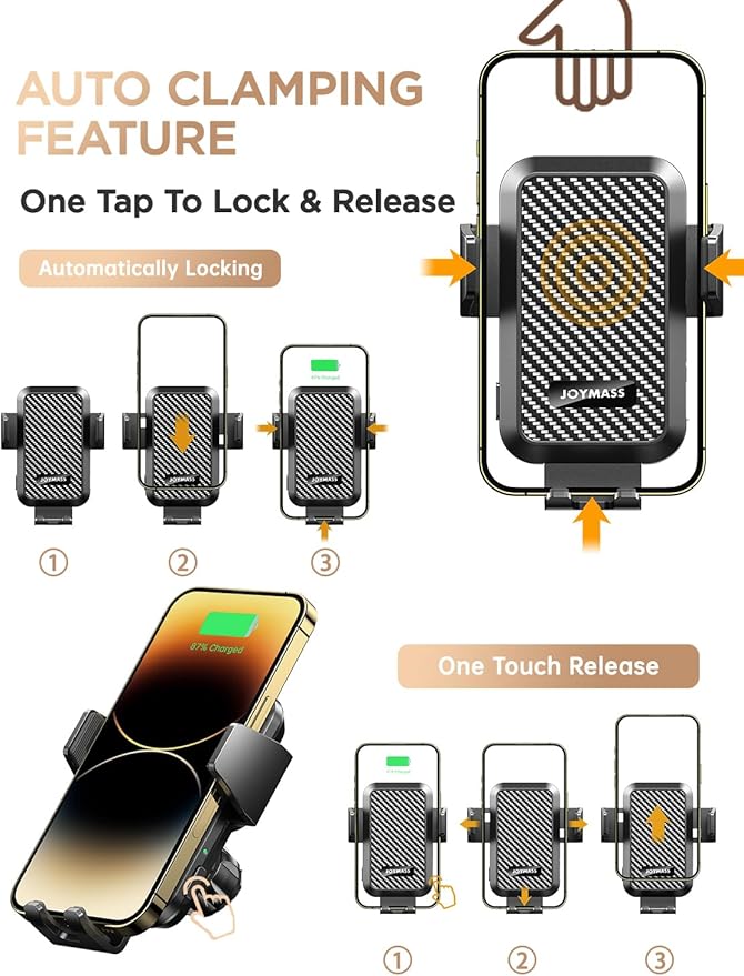 JOYMASS Wireless Car Charger, Phone Holders for Your Car, 15W Auto Clamping Phone Mount Car Accessories for iPhone 16 15 14 13 12 Mini Pro Max 11 XR XS, Samsung Galaxy S24 Ultra S23 S22+ Note 20, etc