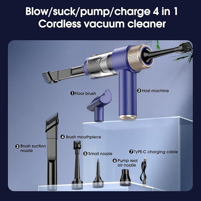 Portable Cordless Handheld Car Vacuum - Compact & Lightweight with High-Power Suction, Washable Filter, and LED Light for Auto Interior, Keyboard, Desk & Pet Hair Cleaning (Blue & Gold)