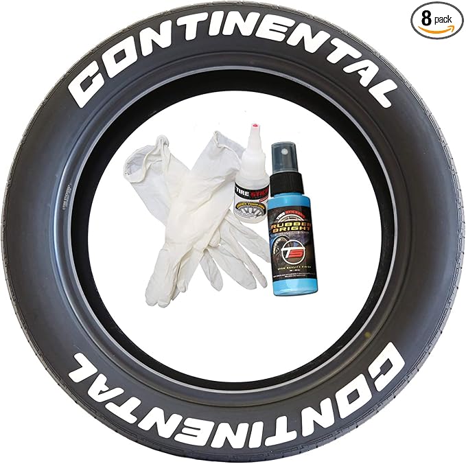 Tire Stickers Continental Tire Lettering Add-On Accessory - Easy DIY with Glue & 2oz Touch-up Cleaner / 17-18 Inch Wheels / 1.25 Inches/White / 8 Pack
