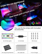 Pak Car LED Lights, Smart RGB+IC 72 LED Car Interior Light, 16 Million Colors Strip Light, APP Control, Music Mode, Scene Modes, 2 Lines Design with Car Charger, Under Dash Lighting for SUVs, Trucks