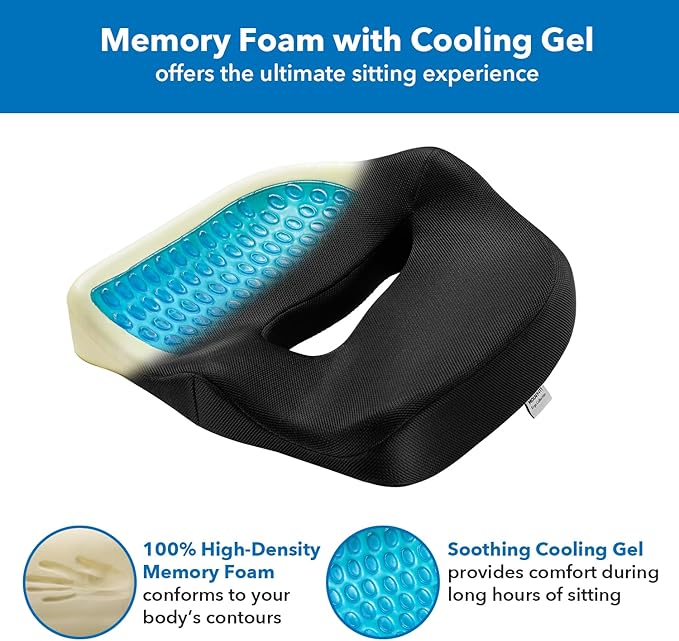 Mount-It! Office Seat Cushion, Premium Comfort Chair Lumbar Support, Memory Foam, Gel Filling, Ergonomic for Car, Desk, Back Hip Butt Tailbone Relief, Sciatica Cushions Washable Cover in Black