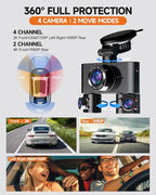 Dash Cam 360°, 4 Channel Camera for Cars Front and Rear Inside, 2K FHD Mini Dashcam, 5G WiFi, GPS, Free 64G Card, Voice Control, WDR, HDR, Night Vision, 24/7 Parking Mode(Upgraded Version V7PLUS)