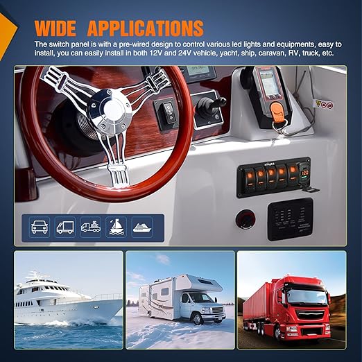 Nilight 5 Gang Rocker Switch Panel with PD Type C and USB Charger Voltmeter 12V SPST ON Off Toggle Switches w/Orange Backlit Waterproof Aluminum for Boats Cars RVs Trucks
