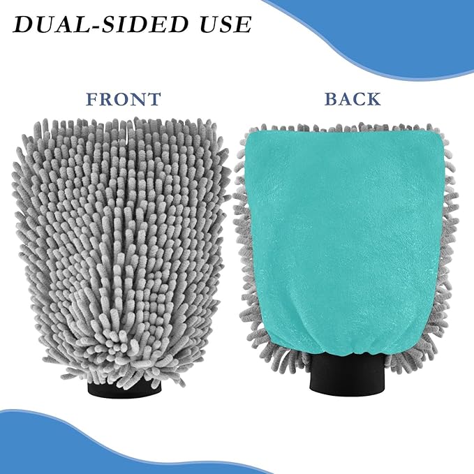 2 Pack Premium Microfiber Chenille Car Washing Mitt, Dual Sided Wash Gloves, No Scratch, Lint Free Washing and Detailing for Car Washing and Detailing (Teal Colored)