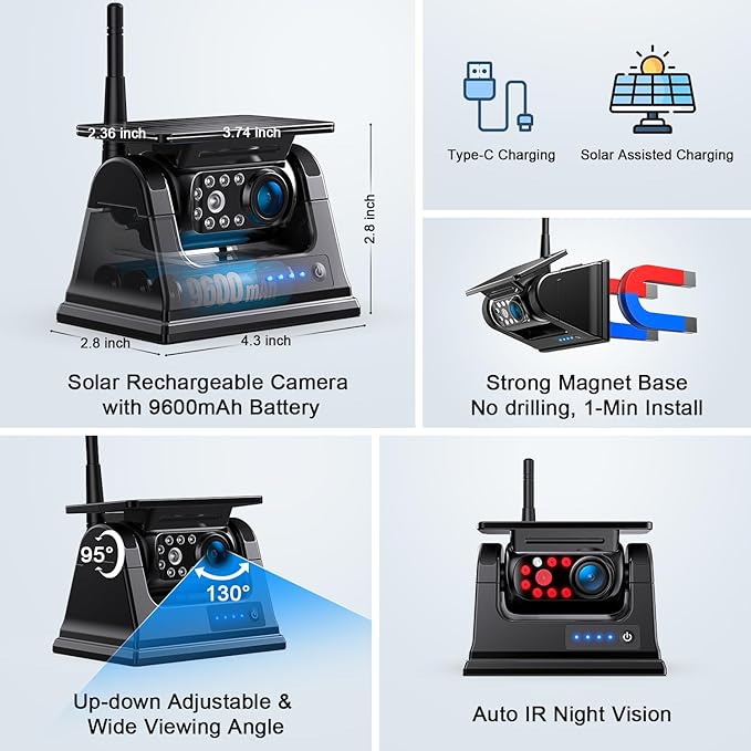 Fookoo 2 Magnetic Solar Wireless Backup Camera 7" IPS Touchscreen Monitor 1 Min DIY Install Portable Scratch-Proof No Drilling HD 1080P DVR Rechargeable Night Vision for Car RV Truck Camper - DCM702