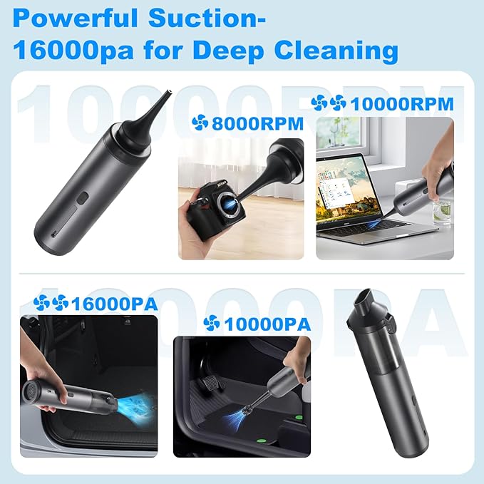 Cordless Handheld Vacuum for Car & Home - 16000pa Powerful Suction, Rechargeable, Lightweight, with Storage Bag, Ideal for Pet Hair/Car Detailing/Sofa （Grey）