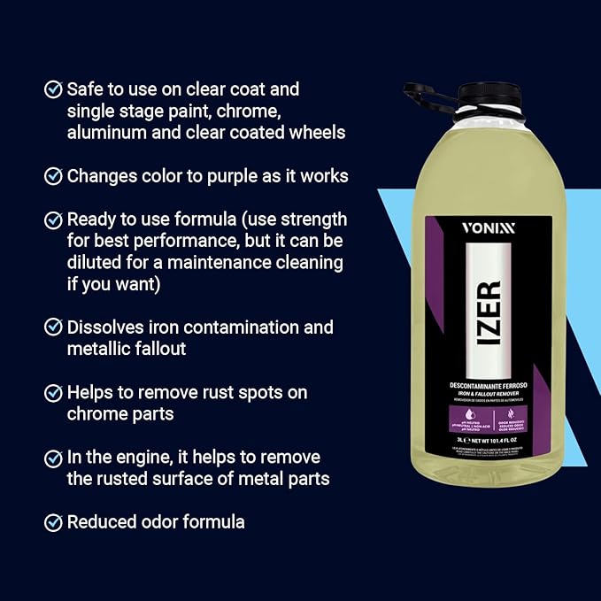 Vonixx Izer Iron Remover| pH-Neutral, Non-Acidic Formula | Easy Application | Reduced Odor Formula | Keep Your Vehicle Looking Like New | Car Detailing Supplies | 101.4 fl oz (3L)