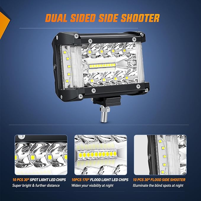 Nilight Side Shooter LED Light Bar 2PCS 4.3 Inch Triple Row Spot Flood Combo Lights Work Lighting with 5Pin Rocker Switch Wiring Harness Kit for Off Road Light on Truck SUV ATV UTV