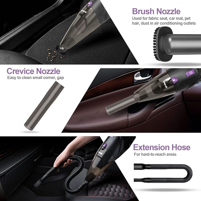 Car Vacuum Cleaner, 12V/106W High Power Handheld Portable Car Vacuum with 16 Ft Cord, Attachments, Filters and Storage Bag, Suitable for All Vehicles (Purple Button)