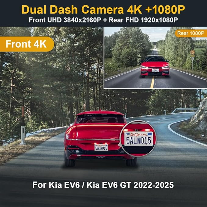 Fitcamx Front 4K+Rear 1080P Dash Cam Adapts for Kia EV6 2022-2025 Light Long Range GT Line Wind, OEM Style, Dual HD Video, Built-in WiFi & APP, Loop Recording, G-Sensor, Easy to Use, 128GB Card
