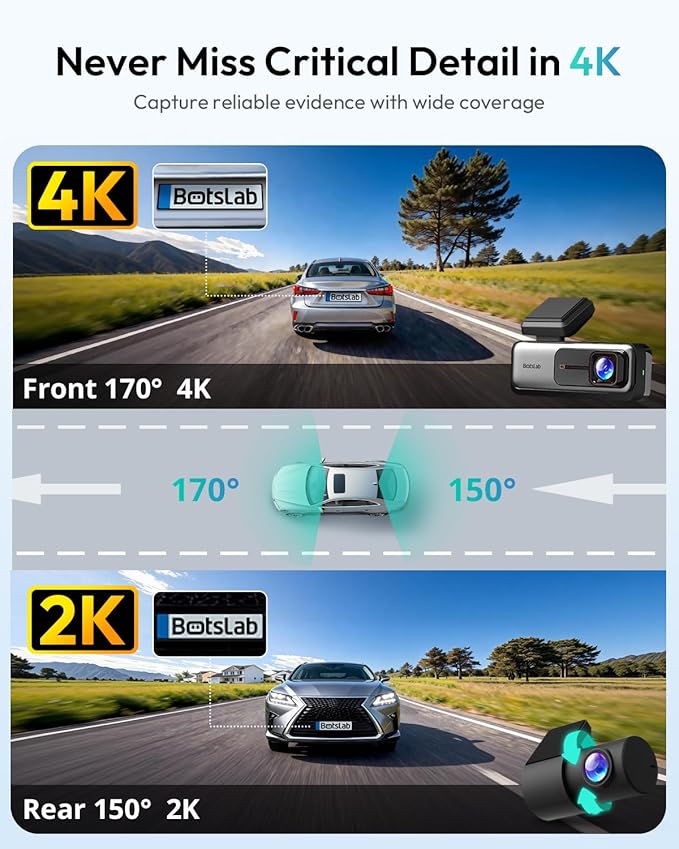 BOTSLAB 4K Dash Cam Front and Rear, 170° Ultra Wide 4K+2K Dashcam with ADAS, Night Vision, 24/7 Parking Mode, IMX415 STARVIS Sensor, WDR, 5.8GHz WiFi, Built-in GPS, Loop Recording (No SD Card)