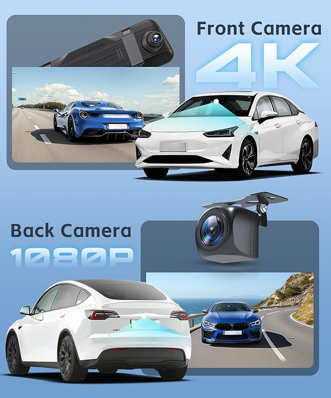 4K Mirror Dash Cam 9.66 Inch IPS Touchscreen Front and Rear View Dual Cameras, Night Vision, WiFi APP Control, G Sensor, Parking Assistance, Included 64GB Card & GPS