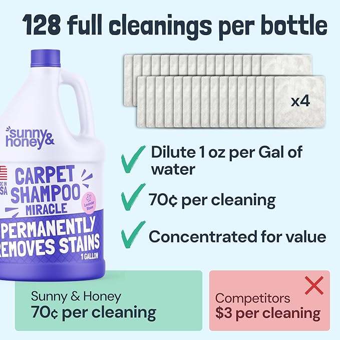 Sunny & Honey Carpet Cleaner Shampoo - Pet Stain Remover & Surface Smell Eliminator - Rug Cleaner & Upholstery Cleaner Solution for Machine Use (128 fl oz, Light Lavender Scent)
