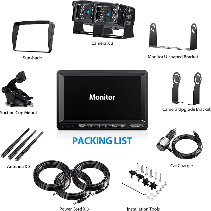 ZEROXCLUB Digital Wireless Backup Camera System Kit, IP69K Waterproof Wireless 2 Rear View Camera + 7’’ LCD Dual Split Monitor for RV/Truck/Bus/Camper/Trailer (WX02)