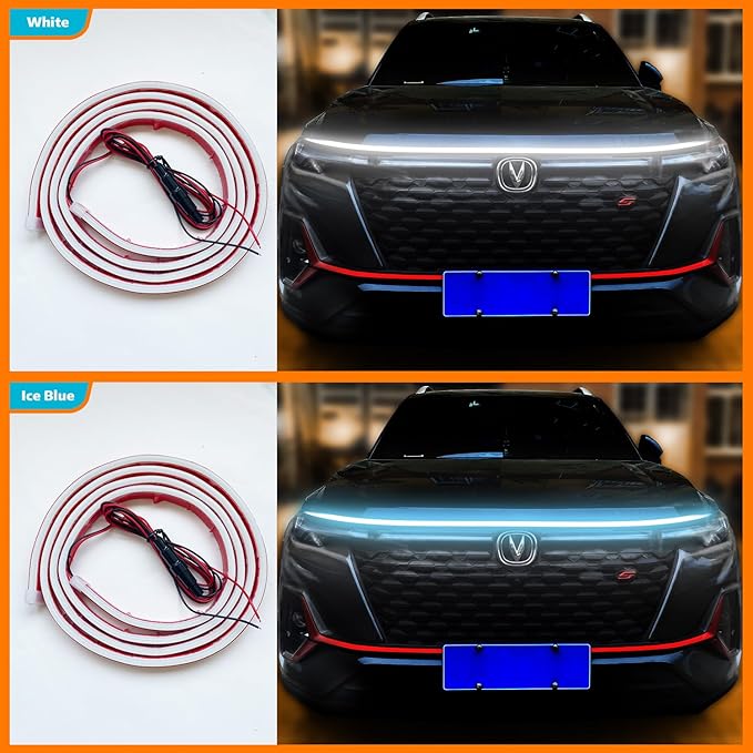 Car Hood LED Light Strip Exterior Flexible Dynamic Scan Daytime Running for Hoodbeam Kit 12v Silicone Waterproof Lights for Cars SUVs(White,59IN)