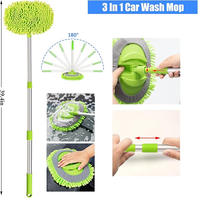 AUTODECO Car Detailing Kit, Car Detailing Brush Set with Wash Mop, Bendable Car Wheel Rim Cleaner Brush Set, Car Detailing Brushes, Car Wash Cleaning Tools Kit for Interior, Exterior, Wheels, Blue