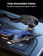 Retractable Car Charger 4 in 1 Fast Car Phone Charger Adapter with Type C & Apple Cords Compatible with iPhone 17/16/15/14/13/12/11, Galaxy, Pixel