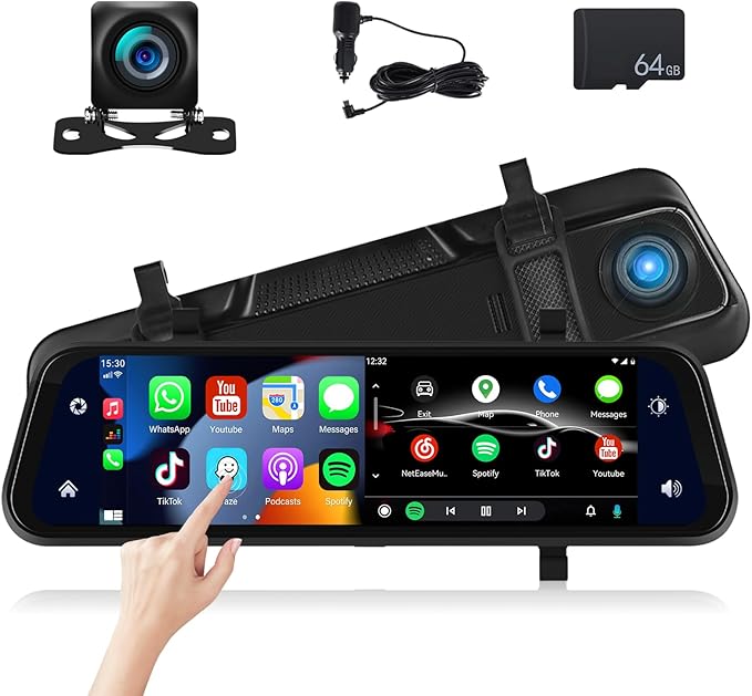 Mirror Dash Cam Front and Rear Camera with Apple Carplay/Android Auto 9.66 inch Mirror Backup Camera for Cars&Trucks Driving Recorder Voice Control 24-Hour Parking Monitoring Waterproof Night Vision