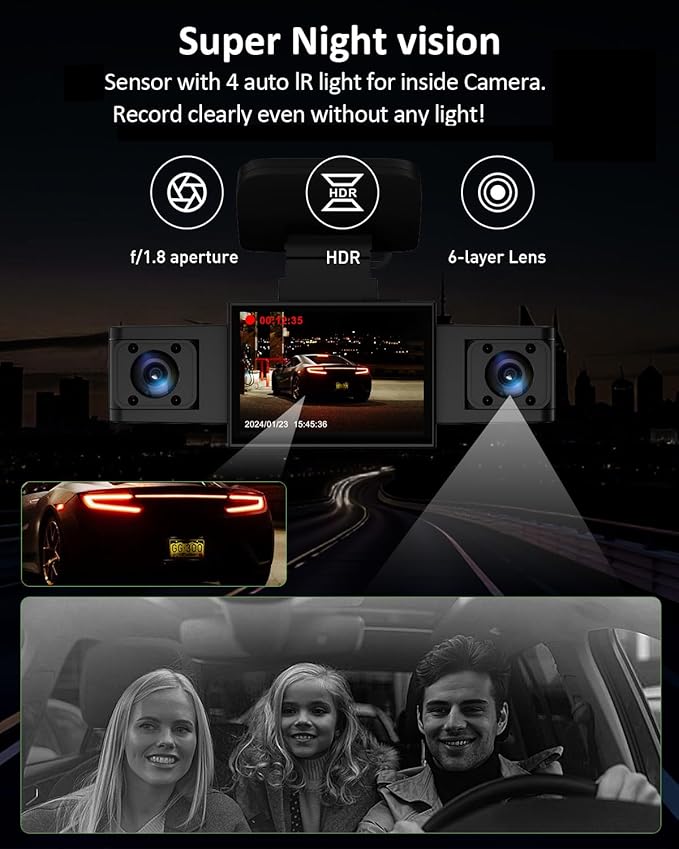 3 Channel 1080P WiFi Dash Cam,Car Recorder Front and Inside Left/Right, Free 32G Card, Dash Camera Loop Recording, Triple Camera for Cars 24 Hours/7 Parking Monitor, Wide Angle, IR Night Vision