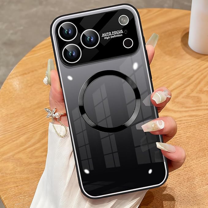 Guppy Compatible with iPhone 17 Pro Magnetic Case, with Full Camera Lens Protector [Compatible with MagSafe] Scratch Resistant Gradient Glass Back Cover Phone Case-Black