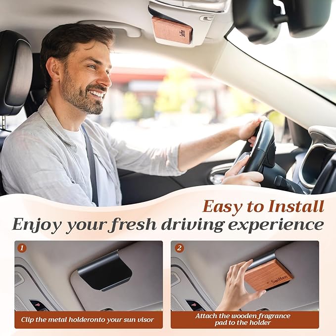6 Pcs 6 Scents Car Wood Air Freshener Set Wood Fragrance Automotive Odor Eliminator for Visor Clip Vehicle Scent Diffuser with Amber Tectona Grandis Pine Grove Coconut Ocean Scent Refill, Clip