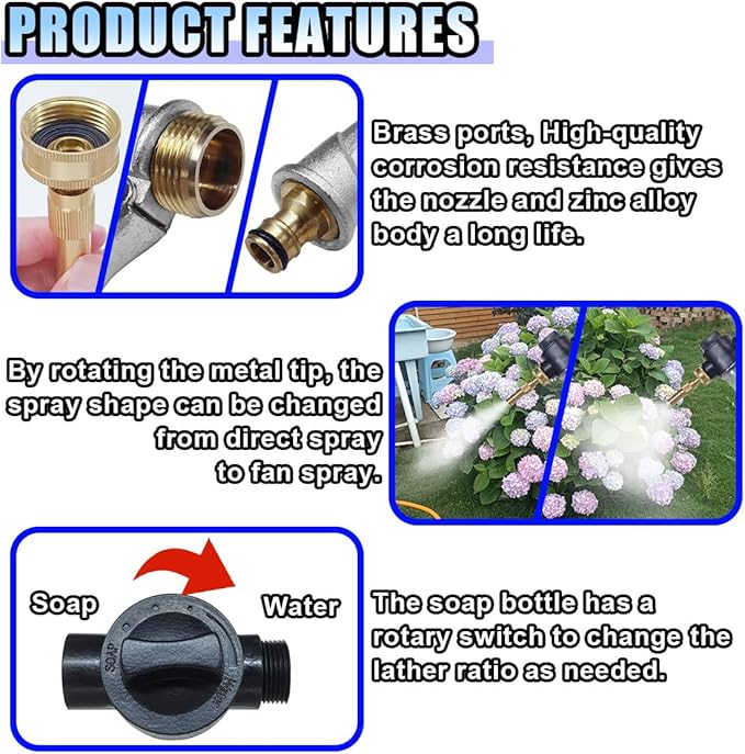 Car Wash Foam Gun Sprayer, Adjustable Metal High-Pressure Spray Hose Nozzle with 3.5oz/100cc Plastic Soap Dispenser Bottle, Fit Car Washing, Watering Plants, Floor Cleaning (Silvery)