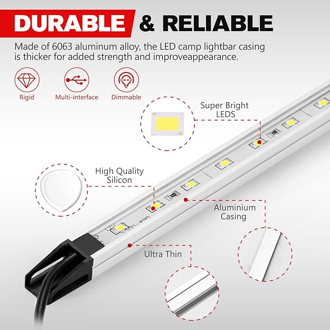 FIERYRED 2PCS 12V Dimmable LED Camping Light Bars IP67 Waterproof & Dustproof, Built-in Magnets & Velcro Mount, Aluminum Lighting Kit for Tent, RV, Awning, Roof Rack, Vehicle, White