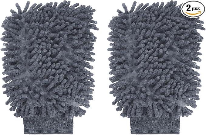HARFINGTON 2pcs Chenille Microfiber Car Wash Mitts 9.8" x 7.9" Scratch Free Wash Gloves Absorbent Double Sided Plush Cleaning Drying Mitts for Car Washing Home Gray